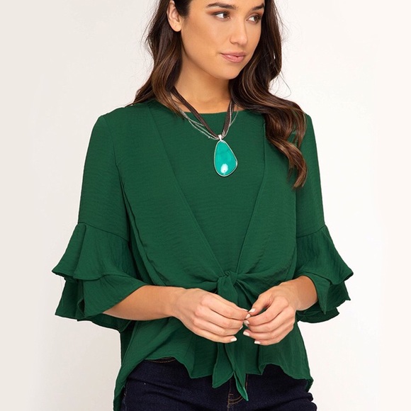 NEW! Hunter Green Ruffle Bell Sleeve Tie Front Top - Picture 6 of 7